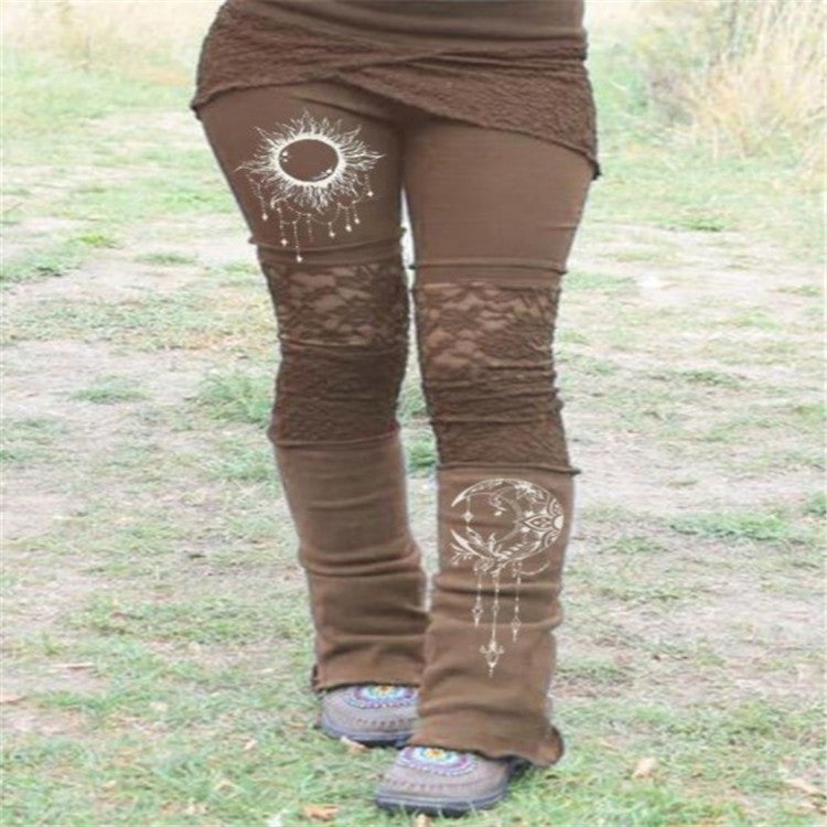European and American independent station new women's retro lace print patchwork stretch tights