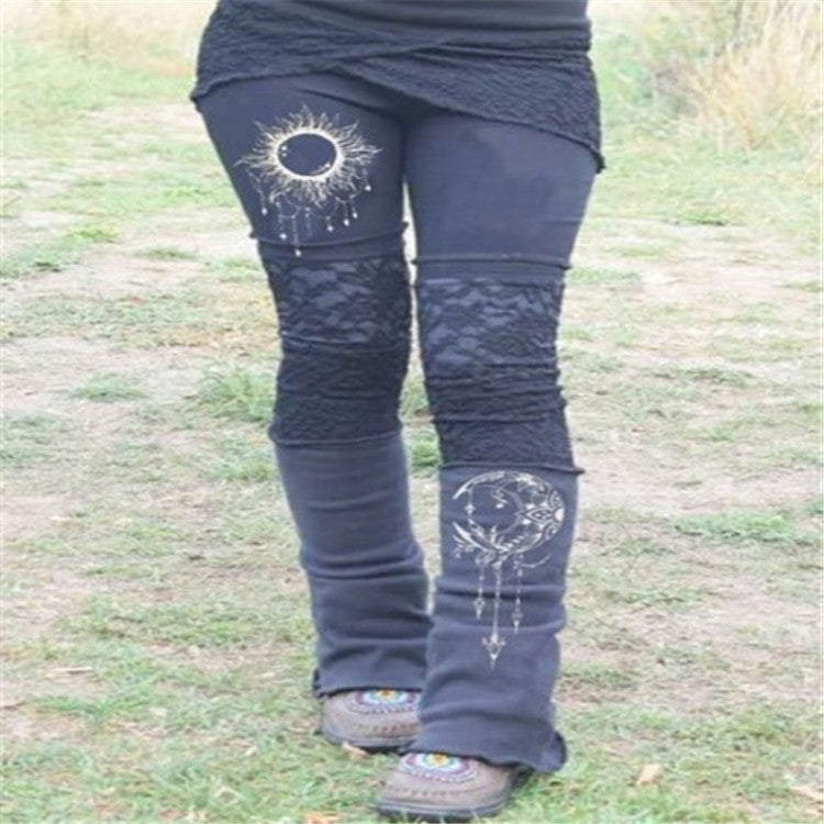 European and American independent station new women's retro lace print patchwork stretch tights
