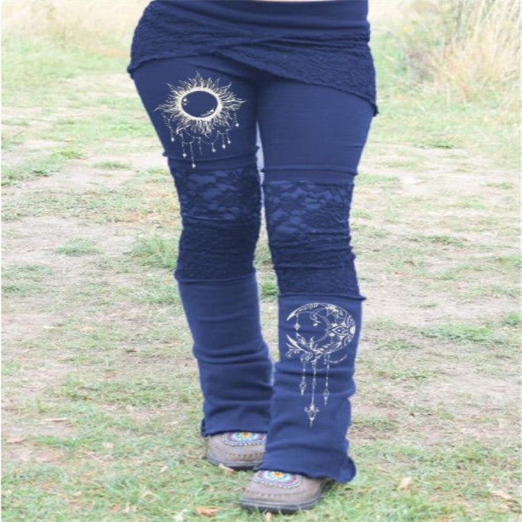 European and American independent station new women's retro lace print patchwork stretch tights