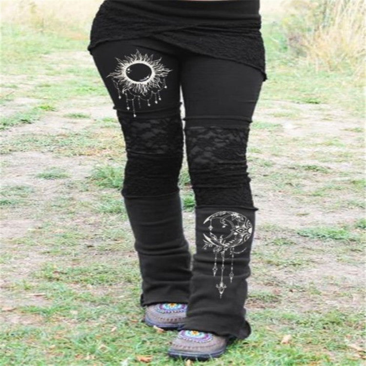 European and American independent station new women's retro lace print patchwork stretch tights