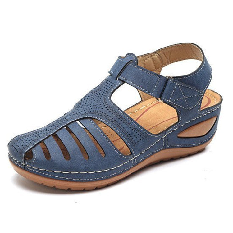 2023 summer new foreign trade sandals women's retro women's sandals car line hole shoes cross-border large size round toe wedge comfortable