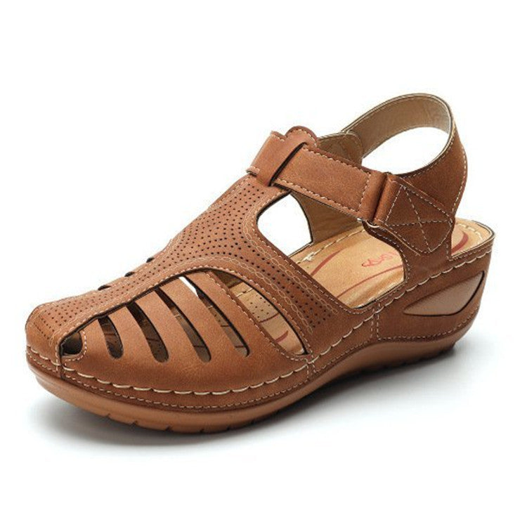 2023 summer new foreign trade sandals women's retro women's sandals car line hole shoes cross-border large size round toe wedge comfortable