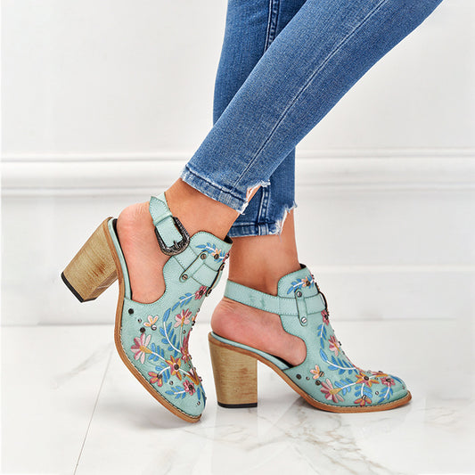2023 new sandals for women European and American round head embroidered buckle with rivets women's shoes thick heel front bag back empty high heel sandals women