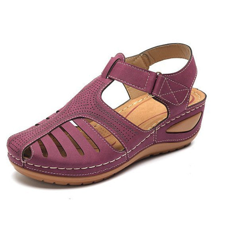 2023 summer new foreign trade sandals women's retro women's sandals car line hole shoes cross-border large size round toe wedge comfortable