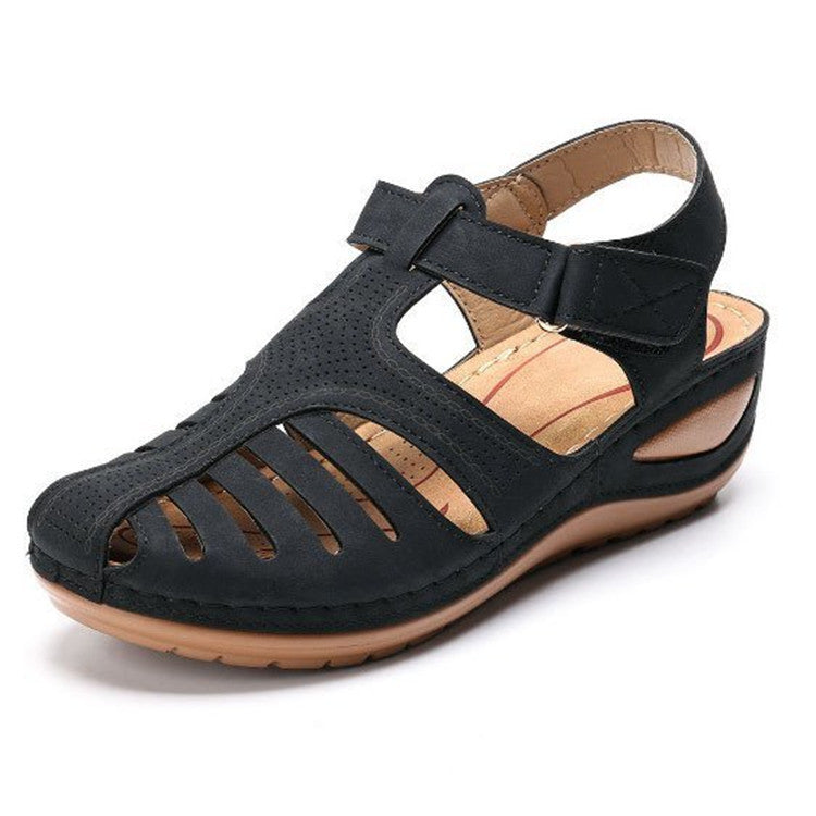 2023 summer new foreign trade sandals women's retro women's sandals car line hole shoes cross-border large size round toe wedge comfortable