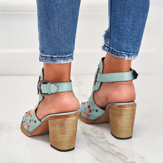2023 new sandals for women European and American round head embroidered buckle with rivets women's shoes thick heel front bag back empty high heel sandals women