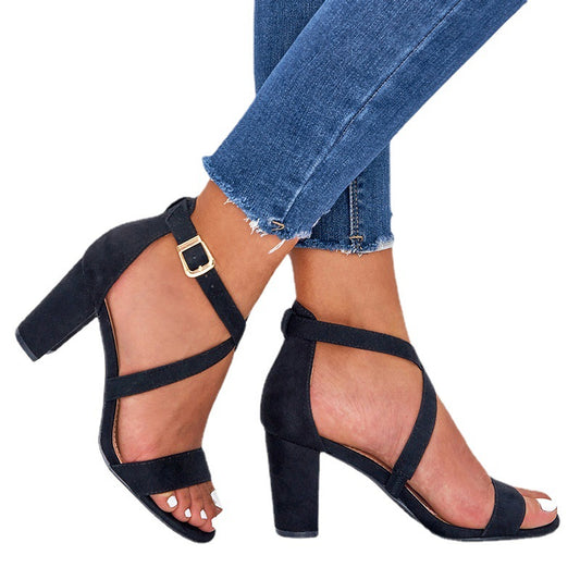 European and American foreign trade 2023 summer cross belt one word belt sandals women heels back bag thick heel sandals women's shoes