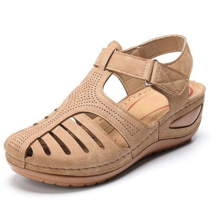 2023 summer new foreign trade sandals women's retro women's sandals car line hole shoes cross-border large size round toe wedge comfortable