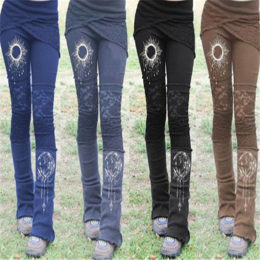 European and American independent station new women's retro lace print patchwork stretch tights